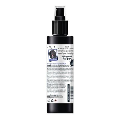 Back label of Pineapple & Passionfruit Cologne spray bottle showing ingredients, usage instructions, social media icons, and website address.