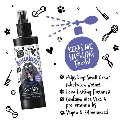 Pineapple and passionfruit cologne spray. Helps dogs smell great between washes, long lasting freshness, contains aloe vera and pro-vitamin B5, vegan and pH balanced.