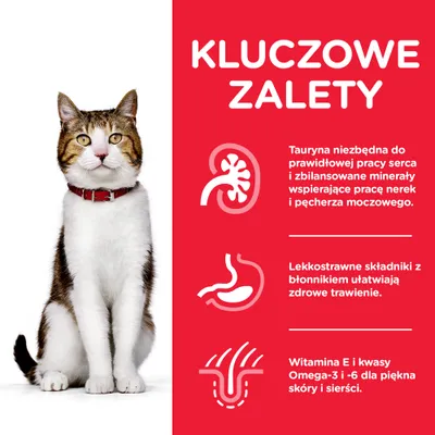 Kluczowe zalety: tauryna i minerały wspierają serce, nerki i pęcherz; lekkostrawne składniki z błonnikiem ułatwiają trawienie; witamina E i kwasy Omega-3 i -6 dla skóry i sierści.