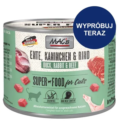 MAC's Ente, Kaninchen & Rind Duck, Rabbit & Beef. Super Food for Cats. Grainfree, High Meat Content. Made in Germany. Wypróbuj teraz – przycisk akcji.