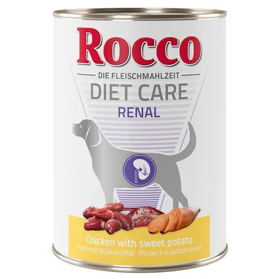 Консерва Rocco Diet Care Renal для собак, изображены куриное мясо и батат, надпись на английском: Chicken with sweet potato
