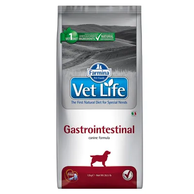 Συσκευασία Farmina Vet Life Gastrointestinal canine formula, 12kg. Ενδείξεις: χωρίς γενετικά τροποποιημένα συστατικά, φυσικά αντιοξειδωτικά. Ορατό σκίτσο σκύλου και σημαία Ιταλίας.