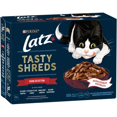 Purina Latz Tasty Shreds Farm Selection kattemad, 12x portionsposer. Synlig tekst: skurna strimlor, nyhtöpaloj, okse, kylling, and, kalkun. Billede af kat og skål med strimler.