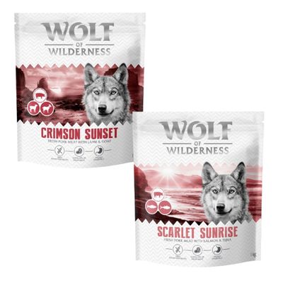 Wolf of Wilderness kutyatáp csomagok: Blue, Sunny, Wild, Green Fields. 100% grain-free recipe. Próbálja ki! felirat narancssárga körben.