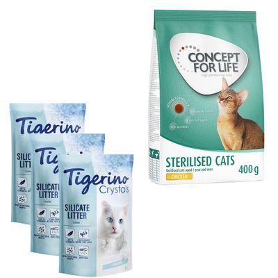 Próbacsomag: 3 x 5 l Tigerino Classic Crystals alom + 400 g Concept for Life Tigerino + Sterilised Cats csirke