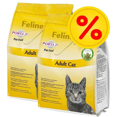 Dos sacos de pienso para gatos adultos Porta 21 Feline Finest Adult Cat, fondo amarillo, imagen de un gato gris y símbolo de porcentaje en rojo sobre círculo amarillo.