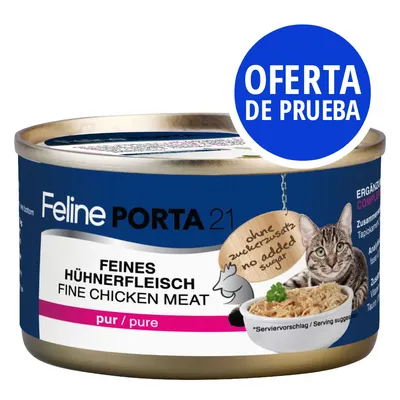 Feline Porta 21, comida húmeda para gatos, carne de pollo fina, pur/pure, sin azúcar añadido. Oferta de prueba visible en círculo azul.