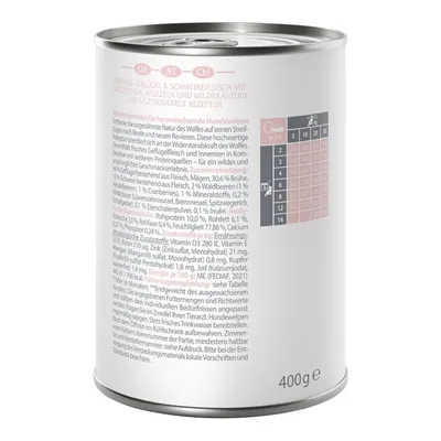 Dose mit 400g Inhalt: Frisches Geflügel und Schweinefleisch, Wildbeeren, Wurzeln, Wildkräuter. Getreidefreie Rezeptur. Fütterungstabelle für heranwachsende Hundewelpen sichtbar.