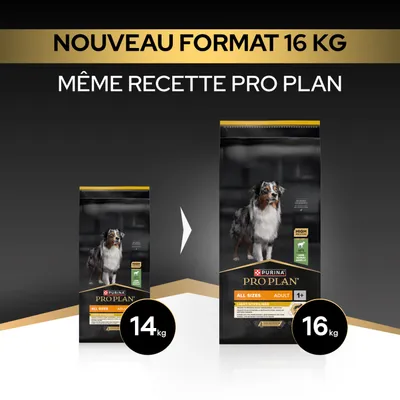 Purina Pro Plan All Sizes Adulte Light/Stérilisé désormais au nouveau format 16 kg, même recette qu'auparavant, auparavant 14 kg.