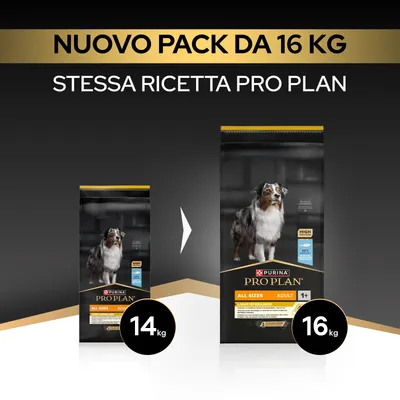 Nuovo pacco da 16 kg Purina Pro Plan All Sizes Adult Light/Sterilised, finora 14 kg. Stessa ricetta, nuovo formato più grande. Nuovo pacco da 16 kg Purina Pro Plan All Sizes Adult Light/Sterilised, finora 14 kg. Stessa ricetta, nuovo formato più grande.