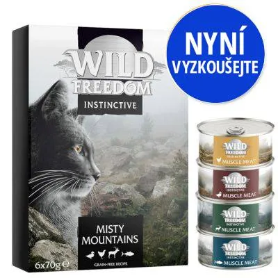 Wild Freedom Instinctive Misty Mountains 6×70g, čtyři konzervy Muscle Meat. Modrý kruh s textem: Nyní vyzkoušejte.