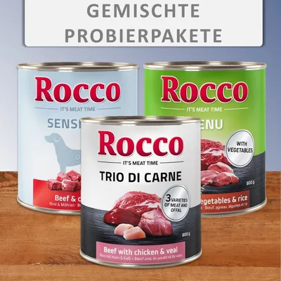 Rocco gemischte Probierpakete: Sensible Beef & Carrots, Menu Beef with Vegetables & Rice, Trio di Carne Beef with Chicken & Veal, jeweils 800g Dose.