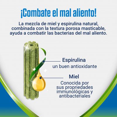 ¡Combate el mal aliento! Mezcla de miel y espirulina natural, textura porosa masticable. Espirulina: un buen antioxidante. Miel: propiedades inmunológicas y antibacteriales.