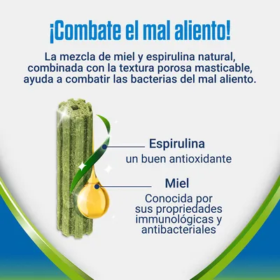 ¡Combate el mal aliento! Mezcla de miel y espirulina natural, textura porosa masticable. Espirulina: un buen antioxidante. Miel: propiedades inmunológicas y antibacteriales.