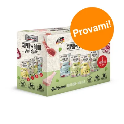 Confezione MAC's Super Food for Cats, multipack 12 buste, scritte visibili: 'Provami!', 'Made in Germany', 'Grainfree', 'Herbs & Vitamins', 'High Meat Content', 'Only Meat'. Confezione MAC's Super Food for Cats, multipack 12 buste, scritte visibili: 'Provami!', 'Made in Germany', 'Grainfree', 'Herbs & Vitamins', 'High Meat Content', 'Only Meat'.