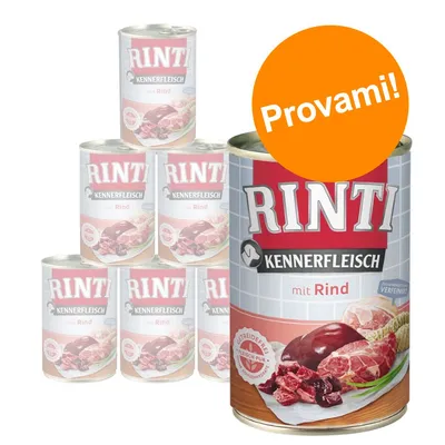 RINTI Kennerfleisch mit Rind, confezione di lattine con carne visibile sull'etichetta. Bollino arancione con testo: Provami! RINTI Kennerfleisch mit Rind, confezione di lattine con carne visibile sull'etichetta. Bollino arancione con testo: Provami!