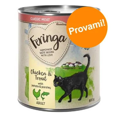 Feringa Classic Meat, Chicken & Trout with potato & parsley, ADULT, 800 g. Etichetta con gatto nero e bollino arancione 'Provami!'. Testo in inglese. Feringa Classic Meat, Chicken & Trout with potato & parsley, ADULT, 800 g. Etichetta con gatto nero e bollino arancione 'Provami!'. Testo in inglese.