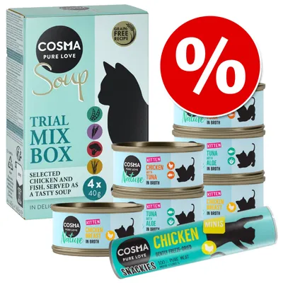 Cosma Pure Love Soup Trial Mix Box, konzervy Nature Kitten Chicken with Tuna in Broth, Chicken Breast in Broth, Tuna with Aloe in Broth, tubus Snackies Minis Chicken, sleva % symbol.