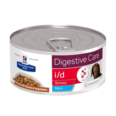 Hill's Prescription Diet Digestive Care i/d Stress Mini, ActivBiome+, Flavoured with Chicken & Vegetables, koiran märkäruokapurkki, kannessa vetorenksu