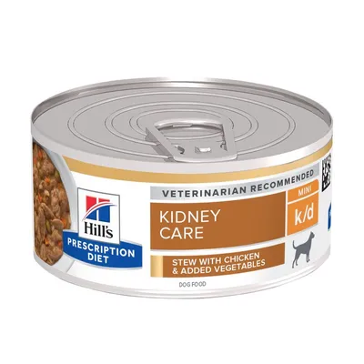 Can labelled Kidney Care, mini k/d, veterinarian recommended, stew with chicken and added vegetables, prescription diet, dog food.