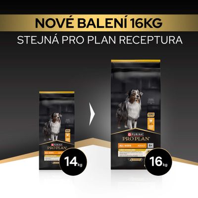 Purina Pro Plan Adult All Sizes suché krmivo, nové balenie, 16 kg, doteraz 14 kg. Receptúra nezmenená.