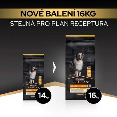 Purina Pro Plan Adult All Sizes suché krmivo, nové balenie, 16 kg, doteraz 14 kg. Receptúra nezmenená. Purina Pro Plan Adult All Sizes suché krmivo, nové balenie, 16 kg, doteraz 14 kg. Receptúra nezmenená.
