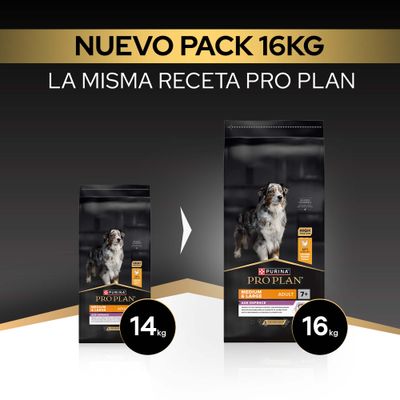 Nuevo paquete de 16, kg Purina Pro Plan Medium & Large Adult Age Defence, anteriormente 14, kg. Misma receta, nuevo paquete más grande.
