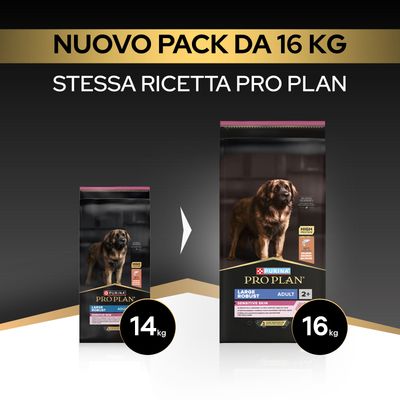 Purina Pro Plan Large Robust Adult Sensitive Skin ora nel nuovo formato da 16 kg, finora 14 kg. Stessa ricetta Pro Plan.