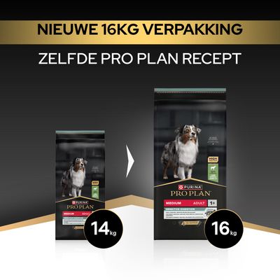 Purina Pro Plan Medium Adult Sensitive Digestion, nieuwe verpakking van 16 kg, dezelfde receptuur als voorheen, voorheen 14 kg.