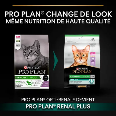 Changement de packaging : PURINA PRO PLAN Sterilised Adult 1+ pour chat, OPTI-RENAL devient RENAL PLUS. Même nutrition de haute qualité, nouvelle apparence du sachet visible.