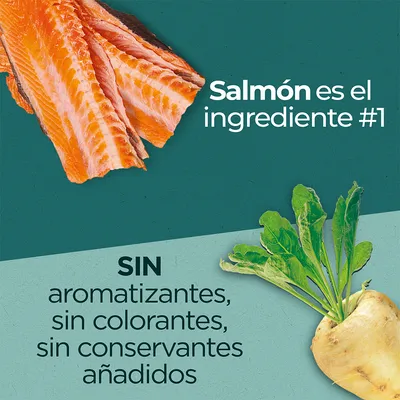 Salmón es el ingrediente #1. Sin aromatizantes, sin colorantes, sin conservantes añadidos.