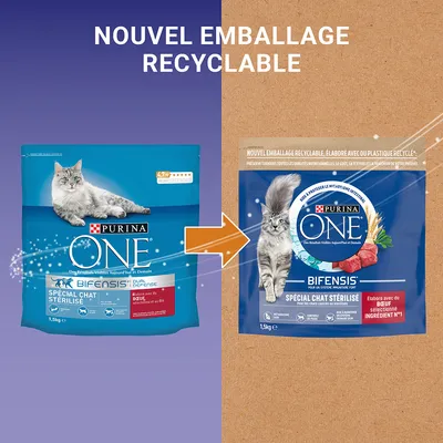 Comparaison de l’ancien et du nouvel emballage Purina ONE Bifensis Spécial Chat Stérilisé 1,5 kg, mention « Nouvel emballage recyclable » visible en haut.