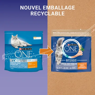 Vergleich: altes und neues Purina ONE Bifensis Special Chat Sterilise Verpackungsdesign, Hinweis auf neue recycelbare Verpackung.
