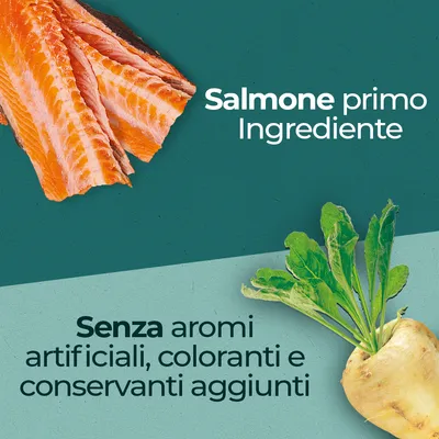 Salmone primo ingrediente. Senza aromi artificiali, coloranti e conservanti aggiunti.