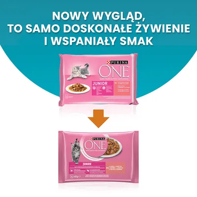 Nowy wygląd opakowania Purina ONE Junior. To samo doskonałe żywienie i wspaniały smak. Dwa różne opakowania karmy mokrej dla kociąt, pokazane jedno nad drugim.