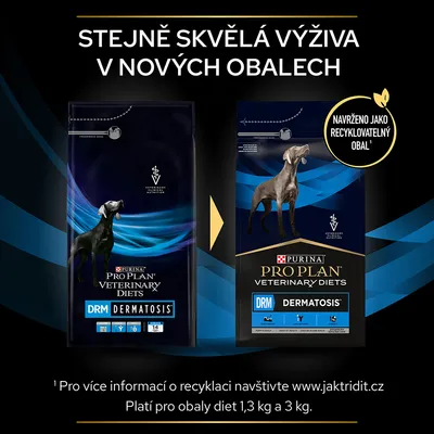 Dva obaly Purina Pro Plan Veterinary Diets DRM Dermatosis, nápis: Stejně skvělá výživa v nových obalech, navrženo jako recyklovatelný obal. Platí pro balení 1,3 kg a 3 kg.
