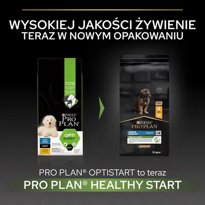 Purina Pro Plan Optistart zmienia nazwę na Pro Plan Healthy Start; pokazane stare i nowe opakowanie karmy dla szczeniąt Large Robust Puppy. Wysokiej jakości żywienie w nowym opakowaniu.