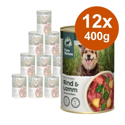 12 lattine da 400 g di Pure Nature Rind & Lamm mit Kartoffeln, immagine di cane e ciotola con carne e patate sull'etichetta. 12 lattine da 400 g di Pure Nature Rind & Lamm mit Kartoffeln, immagine di cane e ciotola con carne e patate sull'etichetta.