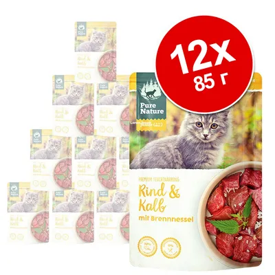 Pure Nature Rind & Kalb mit Brennnessel, упаковка 12×85 г. На упаковке изображён кот и кусочки мяса. Видны значки: 70 % мясо, без злаков. Pure Nature Rind & Kalb mit Brennnessel, упаковка 12×85 г. На упаковке изображён кот и кусочки мяса. Видны значки: 70 % мясо, без злаков.