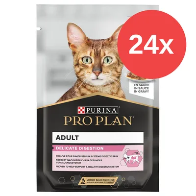 PURINA PRO PLAN Adult Delicate Digestion para gatos, pack de 24 sobres. Texto visible: en salsa, ayuda al sistema digestivo sano, desarrollado con veterinarios Purina. PURINA PRO PLAN Adult Delicate Digestion para gatos, pack de 24 sobres. Texto visible: en salsa, ayuda al sistema digestivo sano, desarrollado con veterinarios Purina.