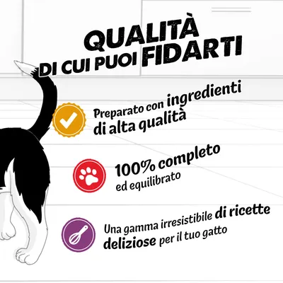 Qualità di cui puoi fidarti: realizzato con componenti di alta qualità, 100% completo e bilanciato, irresistibile selezione di ricette deliziose per il tuo gatto. Qualità di cui puoi fidarti: realizzato con componenti di alta qualità, 100% completo e bilanciato, irresistibile selezione di ricette deliziose per il tuo gatto.