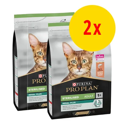 Lot de 2 sacs Purina Pro Plan Sterilised Adult Renal Plus pour chat, saumon, texte visible : N°1 ingrédient saumon, ISFM, 1+ an, maintien une fonction rénale saine.