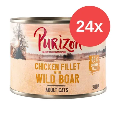 Purizon Chicken Fillet with Wild Boar per gatti adulti, 45% chicken fillet, confezione da 24x200g. Testo in inglese sull'etichetta.