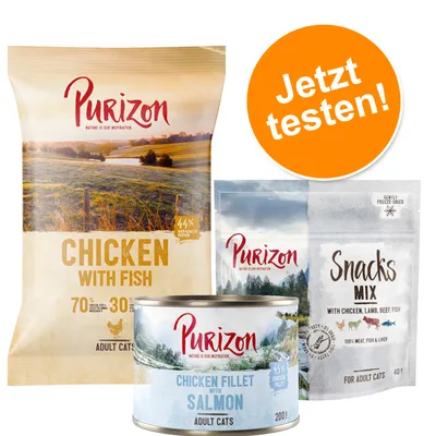 Набор для взрослых кошек Purizon: сухой корм Chicken with Fish, консервы Chicken Fillet with Salmon 200 г, лакомство Snacks Mix. На оранжевом круге текст на немецком: Jetzt testen!