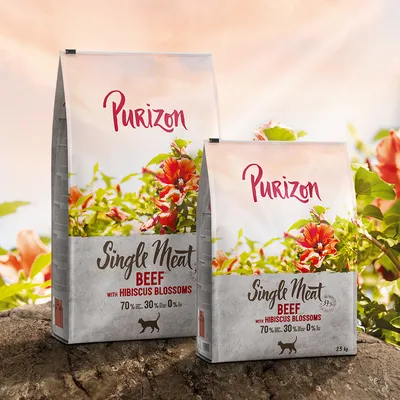 Purizon Single Meat Beef z kwiatami hibiskusa. 70% mięsa, 30% warzyw, 0% zbóż. Sucha karma dla kotów w opakowaniach 2,5 kg i 7,5 kg.