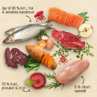 Ingredienser: kött, fisk, ägg, lever, sötpotatis, äpple, örter. Text: Upp till 80 % kött, fisk & animaliska ingredienser, 20 % frukt, grönsaker & örter, 0 % tillsatt spannmål.