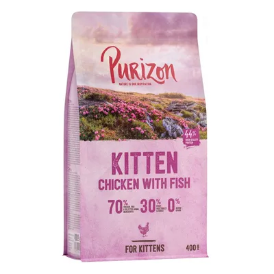 Purizon Kitten Chicken with Fish, 70 % ingredientes animales, 30 % frutas y verduras, 0 % grano, 44 % proteína de alta calidad, para gatitos, envase de 400 g.