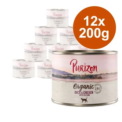 12 lattine da 200 g di Purizon Organic Duck & Chicken with Zucchini, visibile scritta '13%'. Immagine delle confezioni con marchio e dettagli del prodotto.