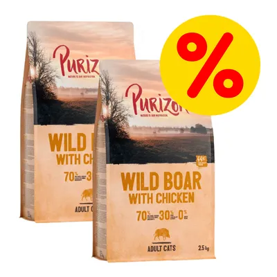 Due confezioni di Purizon Wild Boar with Chicken per gatti adulti, 2,5 kg, con scritte: 70% carne, 30% frutta e verdura, 0% cereali. Simbolo percentuale rosso su sfondo giallo.