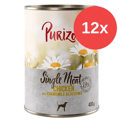 Purizon Single Meat Chicken with Chamomile Blossoms, 400 g, 12x. Widoczny napis: 13% high-quality protein. Opakowanie z rysunkiem psa i kwiatami rumianku. Purizon Single Meat Chicken with Chamomile Blossoms, 400 g, 12x. Widoczny napis: 13% high-quality protein. Opakowanie z rysunkiem psa i kwiatami rumianku.